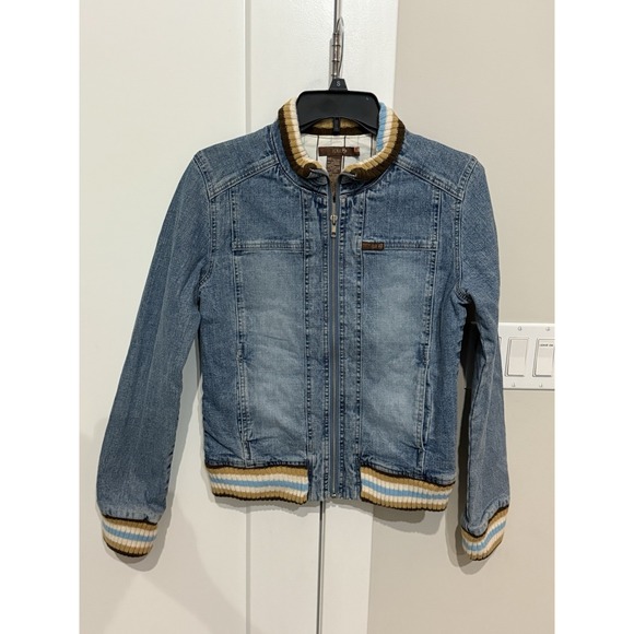 Split Denim Jean Jacket Full Zip Lined Ribbed Waist Cuff Collar Women's Medium - Picture 1 of 5
